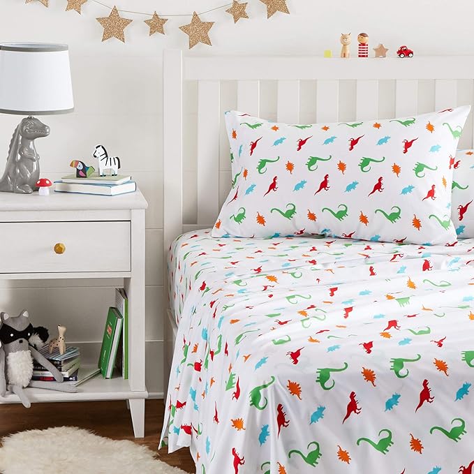 Amazon Basics Kid's Soft Easy-Wash Lightweight Microfiber 3-Piece Sheet Set, Twin, Multi-Color Dinosaurs, Animal Print