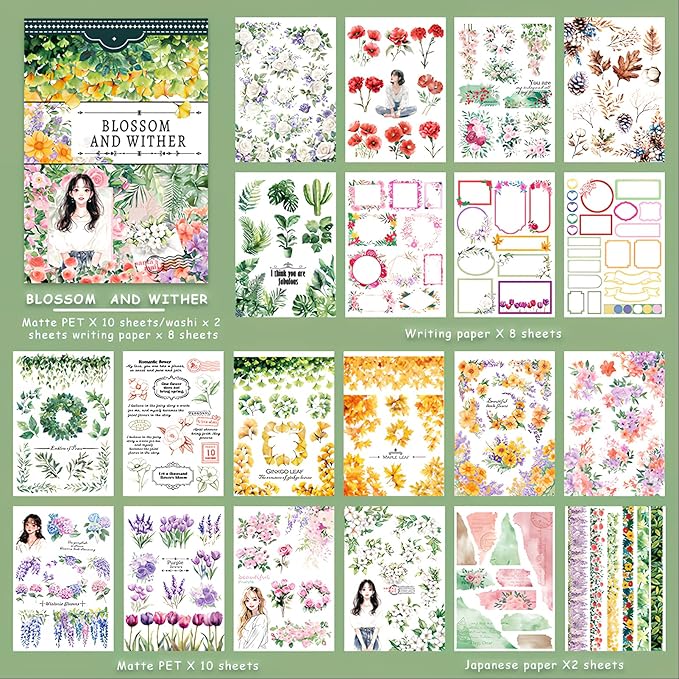 Snycler Sticker Book - 20 Sheets Vintage PET Stickers for Scrapbooking, Junk Journaling, Ephemera, and Decorative Crafts-Blossom and Winter