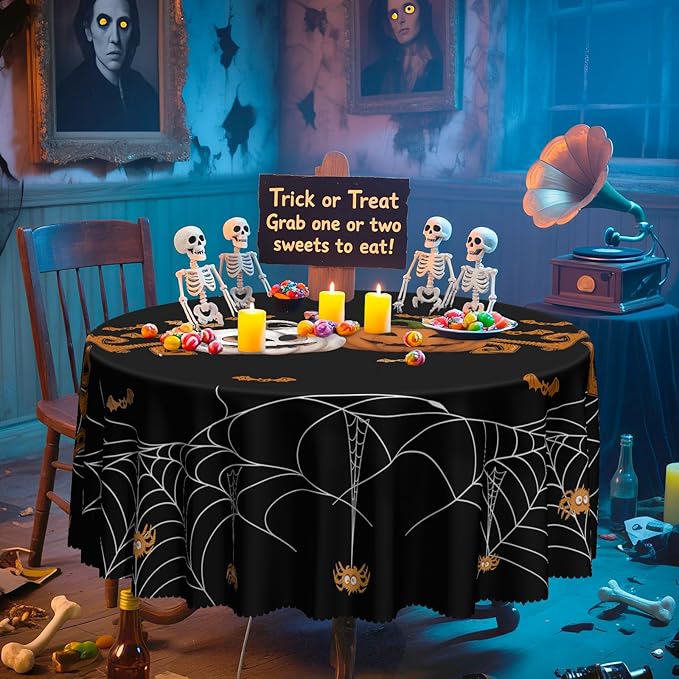 Eikione Round Halloween 70In Tablecloth, Spider Haunted House Decorative Table Cloth, Waterproof and Washable Fabric Table Cover for Party Kitchen Dining Room