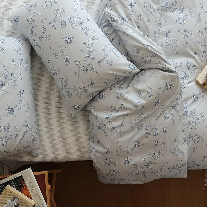 Vintage Style Garden Floral Duvet Cover Full 3 Pieces Cotton Flower Duvet Cover Blue Floral Bedding Cover with 2 Pillowcases Reversible Floral Botanical Comforter Cover Cottagecore Bedding Set Full