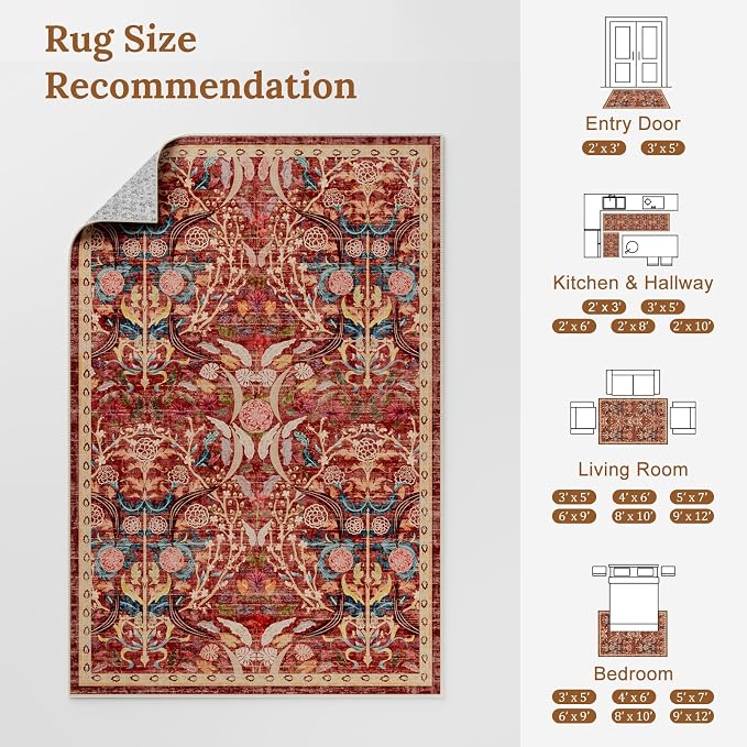 AMTOVO 6x9 Washable Area Rugs for Living Room, Non-Slip Large Soft Boho Floral Vintage Accent Print Carpet for Bedroom Dorm Nursery Room Dining Room Farmhouse Home Office, Red