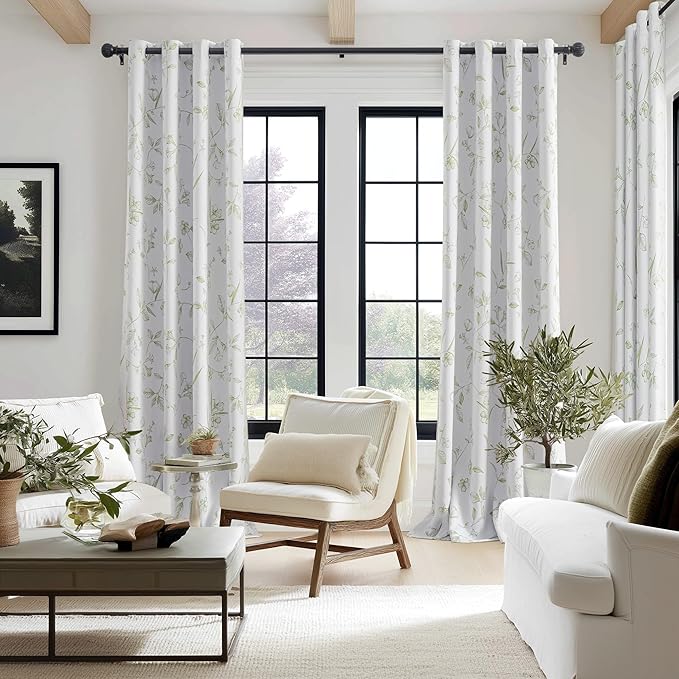 ChrisDowa 100% Blackout Floral Curtains 72 Inches Long 2 Panels for Bedroom Living Room Sage Green Flower Patterned Room Darkening Thermal Insulated Soundproof Grommet Window Treatments Drapes,52X72