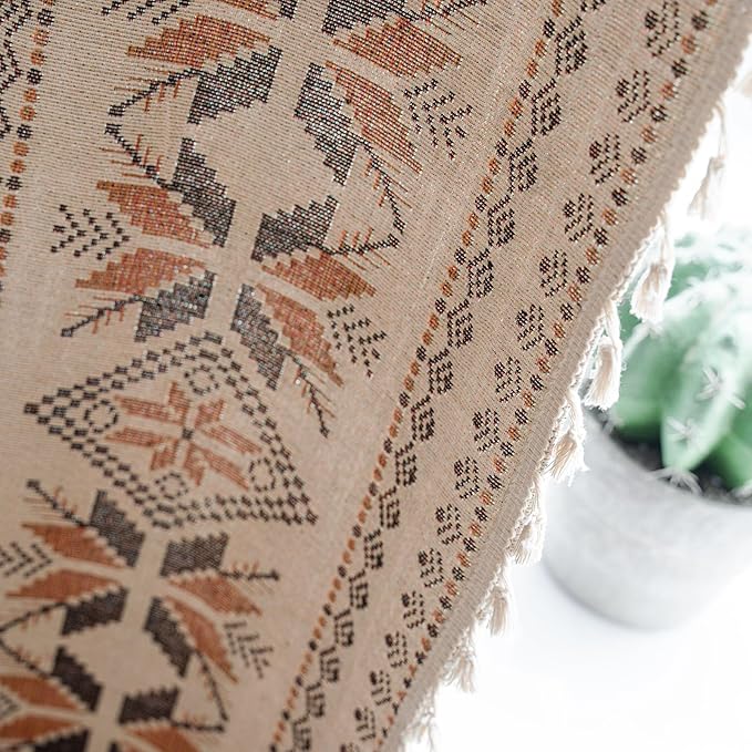 Boho Curtains 63 Inch Length 2 Panels Geometric Patterned Drapes Bohemian Semi Sheer Rod Pocket Tassel Short Window Curtain Panels for Bedroom Living Room Farmhouse Coffee Brown Vintage Rustic Curtain