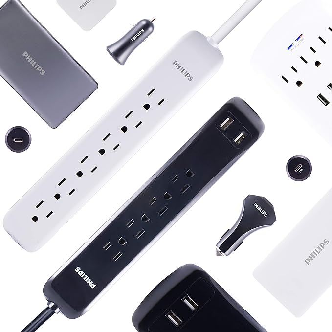Philips 8 Outlet Power Strip Surge Protector, 8ft Extra-Long Power Cord, Flat Plug, Wall Mount, 2160 Joules, ETL Listed, Circuit Breaker, Automatic Shutdown, White, SPP3086WB/37