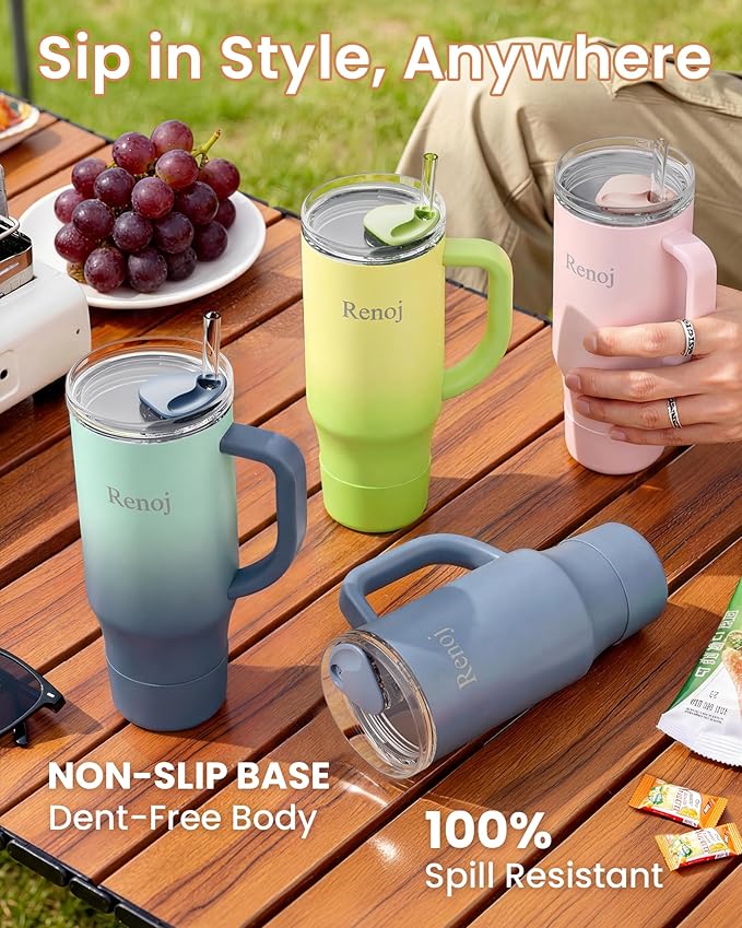 Renoj Tumbler with Handle 100% Spill Resistant Insulated Water Bottle for Iced Coffee & Hot Drinks - Fits Car Cup Holder, Ideal Gift, 2 Straws & Silicone Boot BPA-Free - FlexSlide Green Gradient 32 oz
