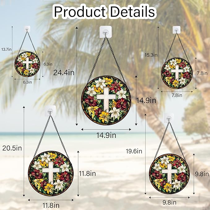 Stained Glass Window Hanging, Cross Flowers Sun Catchers Colorful Glass Panel Christianity Suncatcher Decor for Birthday for Women, Men, Wife, Aunt, and Mom 14.9x14.9 in