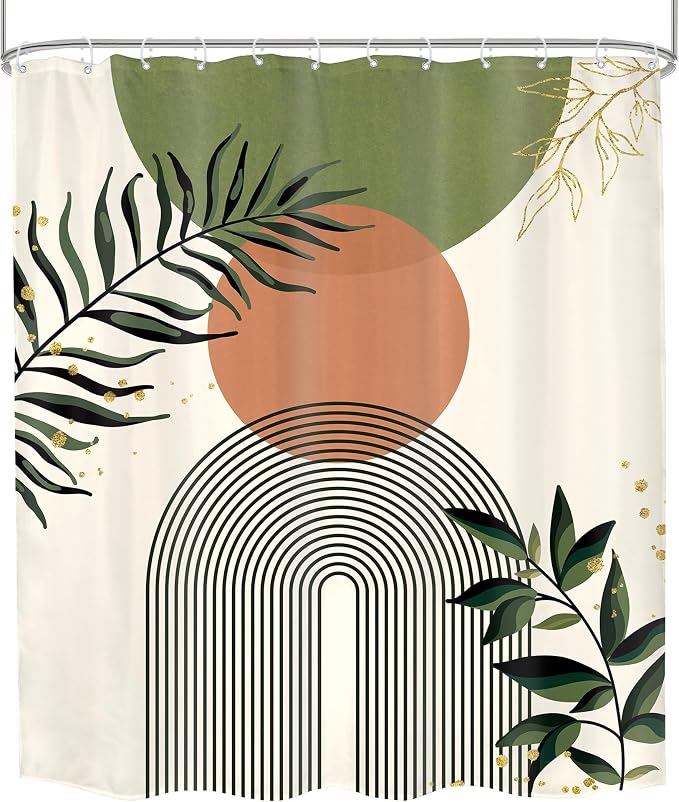 Green Boho Shower Curtain 60Wx72H Abstract Bohemian Modern Leaves Mid Century Minimalist Contemporary Plant Bathroom Decor Simple Neutral Bath Curtain Fabric Polyester 12 Pack Hooks