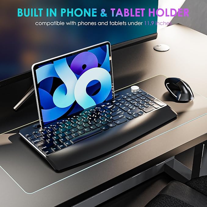 Sksyloo Full-Size Ergonomic Keyboard and Mouse, 2.4GHz Wireless Keyboard and vertical Mouse with Tablet Phone Holder, Wrist Rest for Computer Mac PC Laptop Chromebook, Black
