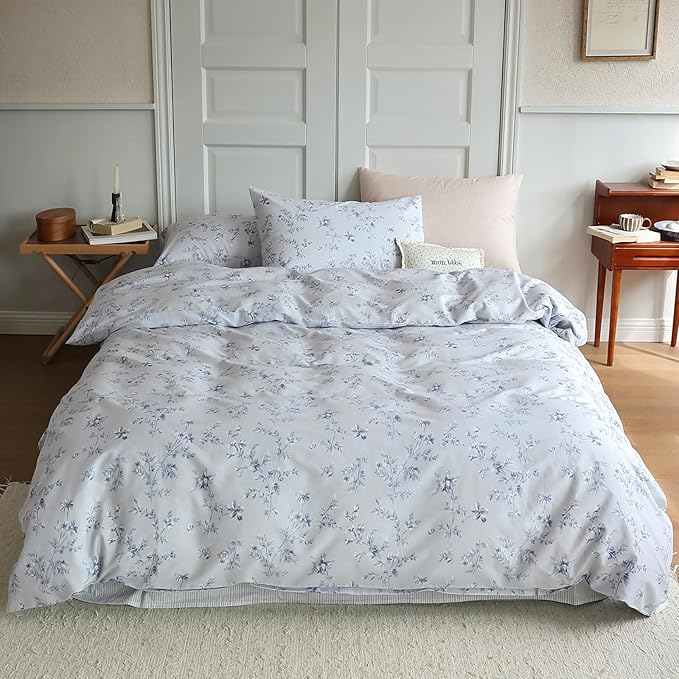 HighBuy Boho Style Comforter Set Full Size Blue Floral Print Bedding Comforters Bohemian Bedding Sets 3 Piece for All Season Comfy Soft Full Bed Comforter with 2 Pillowcases