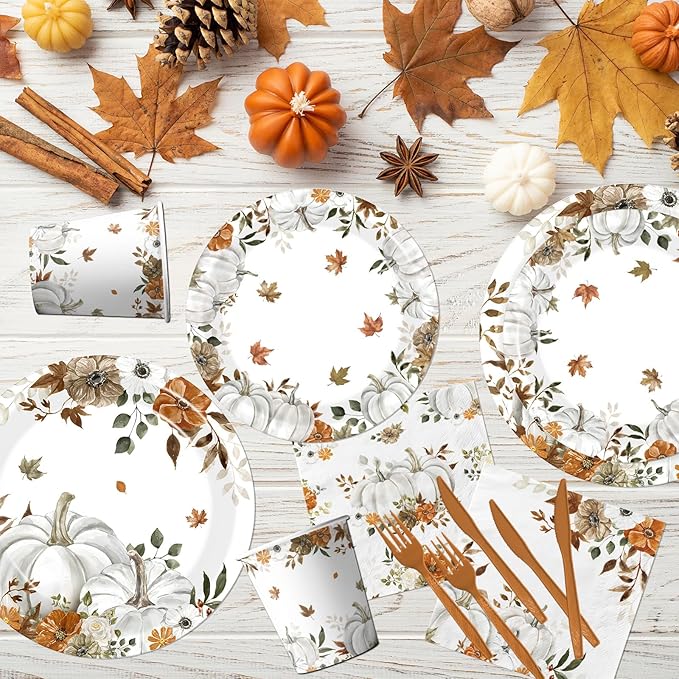 24 Sets Fall Paper Plates and Napkins,Little Pumpkin Baby Shower Decorations,Autumn-Themed Disposable Tableware for Thanksgiving,Harvest Parties,Floral Pumpkin Birthdays Party Supplies