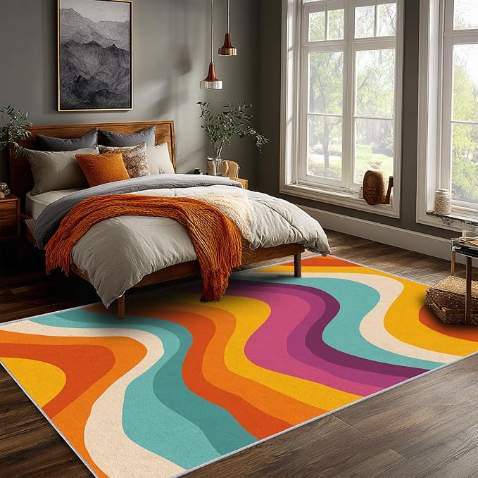 Retro 70s Area Rug 2x3, Mid Century Modern Abstract Wavy Carpet, Colorful Rainbow Swirl Rug for Living Room Bedroom Office, Non-Slip Washable Indoor Floor Mat