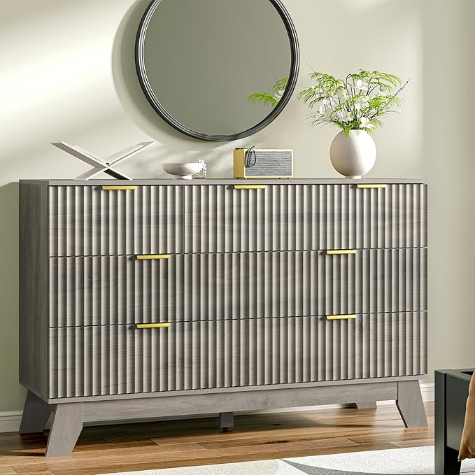 HUANLEGO Fluted Dresser for Bedroom with 7 Drawer, Mid Century Modern Chest of Drawers, 48" Wide Natural Wood Dresser for Closet, Wooden Boho Chest Closet Storage TV Stand for Bedroom, Grey