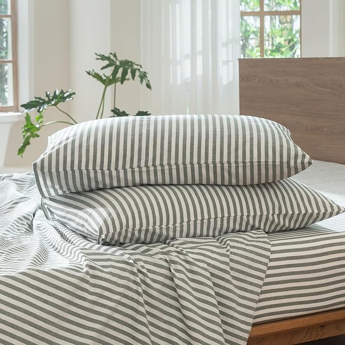 MooMee Striped Duvet Cover Set 100% Washed Cotton Linen Like Textured Breathable Durable Soft Comfy (Heathered Green Classic Stripes, Palatial King/Oversized King 120"x98")