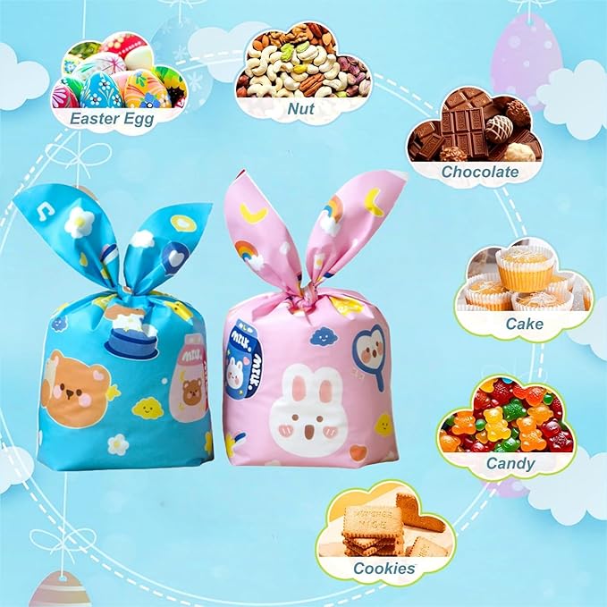 FERENLI 50 Pack Reusable Easter Gift Bags with Bunny Ears Goodie Treat Plastic Snack Candy Bags for Rabbit Bunny Birthday Party Favor Supplies (2 Mixed Colors, 7.1x11.8 inch(18x30 cm))