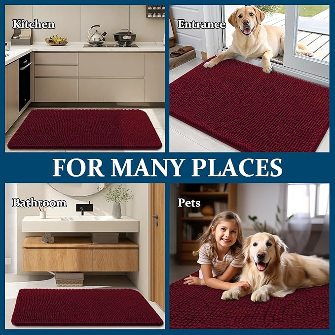 OLANLY Dog Door Mat for Muddy Paws 45x27, Absorbs Moisture and Dirt, Absorbent Non-Slip Washable Doormat, Quick Dry Chenille Mud Mat for Dogs, Entry Indoor Entryway Carpet for Inside Floor, Burgundy
