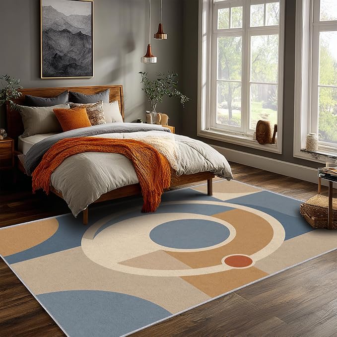Mid Century Area Rug 2x3, Home Decor | Dusty Blue Camel Mod Orbit, Modern Abstract Circle Rug for Living Room, Bedroom, Home Office, Non Slip, Washable, Low Pile