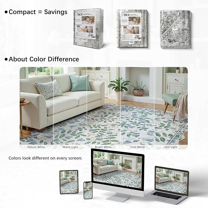 DCX Washable Botanical Floral Rug 5x7, Blue and Green Scalloped Rug, Non Slip Low Pile Carpet for Bedroom, Living Room, Kid & Pet Friendly