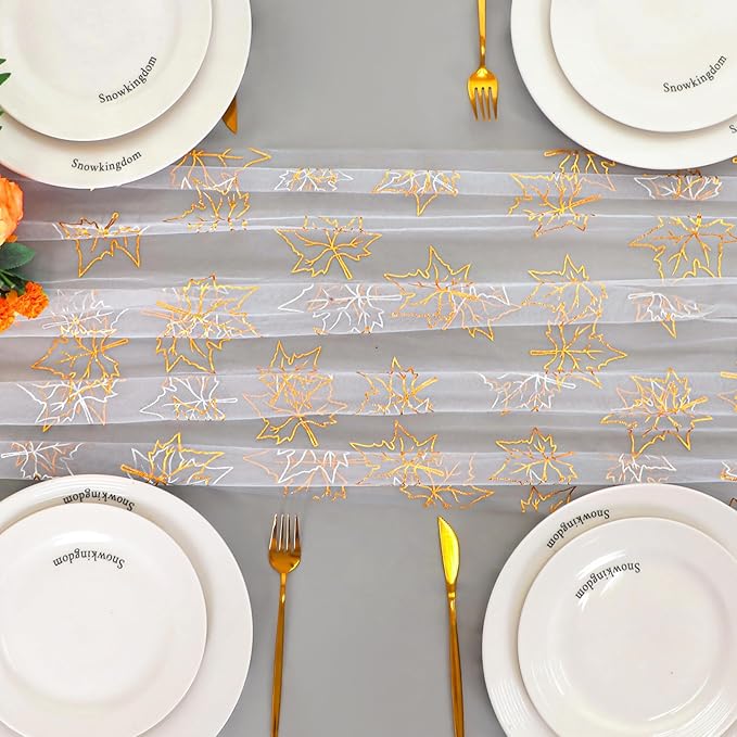 Snowkingdom 10ft Fall Table Runner, Gold Maple Leaves Thanksgiving Table Decorations, White Gauze Chiffon Sheer Cheesecloth Runner for Autumn Harvest Glitter Sparkle Dining Party Decor 120 Inches