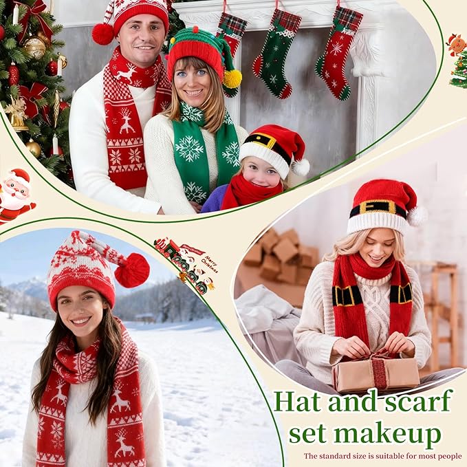 8PCS Christmas Knitted Hat and Santa Scarf Set, Elf Hat Crochet Christmas Scarf, Xmas Party Hats with Pompom, Knitted Caps for Adult Teens XAMS Photo Booth Props XAMS Gift Xmas Costume Accessories