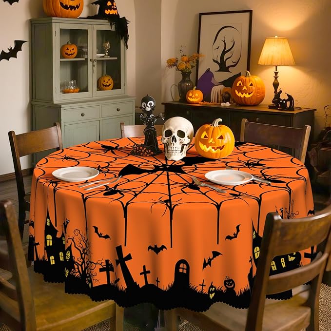 Eikione Round Halloween 60In Tablecloth, Haunted House Decorative Table Cloth, Waterproof and Washable Fabric Table Cover for Party Kitchen Dining Room