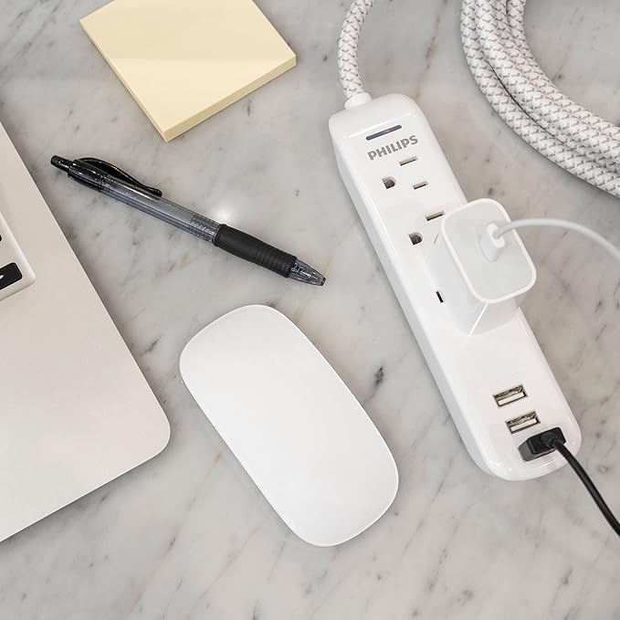 Philips Surge Protector Power Strip, 3 Outlet Surge Protector, 6Ft Cord Power Strip, Surge Protector with USB Ports, 3-Prong Flat Plug Power Strip, 360J Surge Protector Outlet, White, SPP3306WB/37