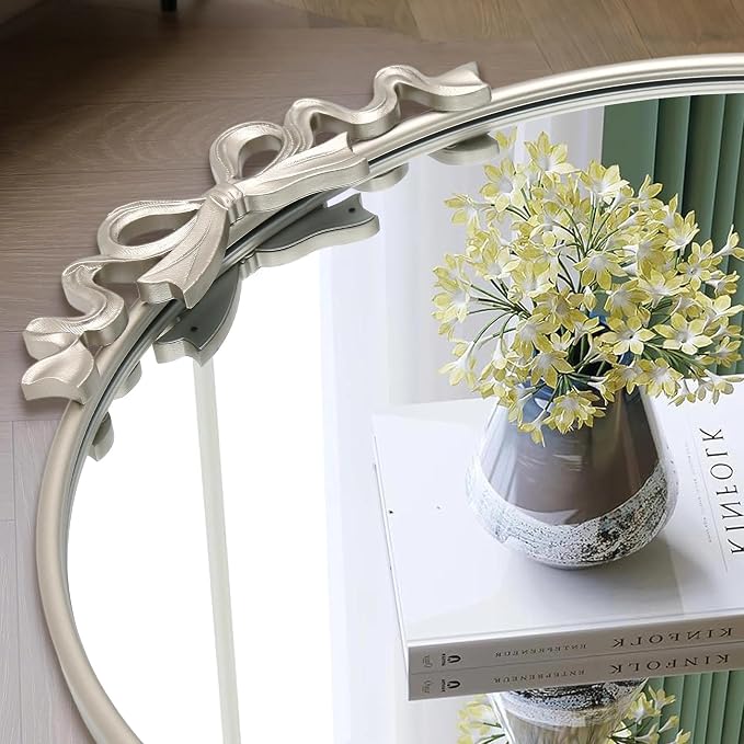 Besdomus Antique Large Wall Mirror: 27" Champagne Silver Bow Vintage Wall Mounted Mirror - Baroque Traditional Ornate for Fireplace/Bathroom/Living Room - Home Decor for Fashion-Conscious