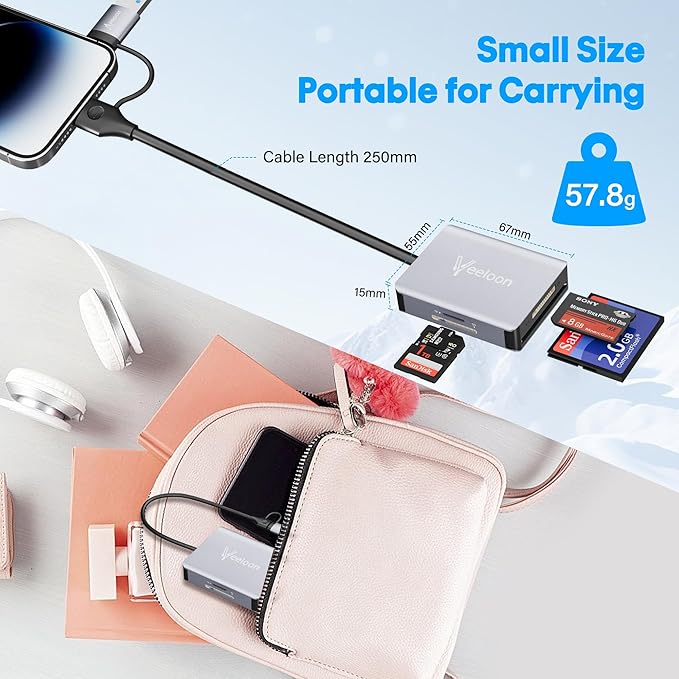 Multi OTG SD Card Reader, 4-in-1 USB C USB 3.0 Dual Connector Adapter Simultaneously Read SD MS CF TF SDXC, SDHC,Card Viewer, for iPhone 17/16, iPad,Tablets, PC, MacBook, Plug & Play