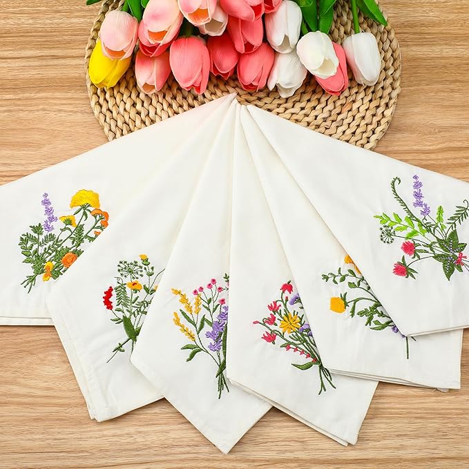 Tioncy 6 Pcs Christmas Floral Cloth Napkins Decorations Bulk Embroidered Wildflower Dinner Napkins Tea Cocktail Party Gifts Xmas Stocking Stuffers for Holiday Table Decor (White)