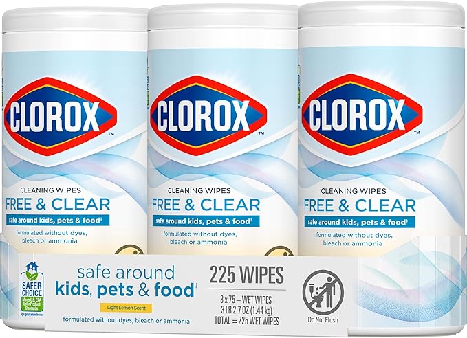 Clorox Free & Clear Cleaning Wipes, Light Lemon Scent, 75 Count, Pack of 3 (Pack May Vary)