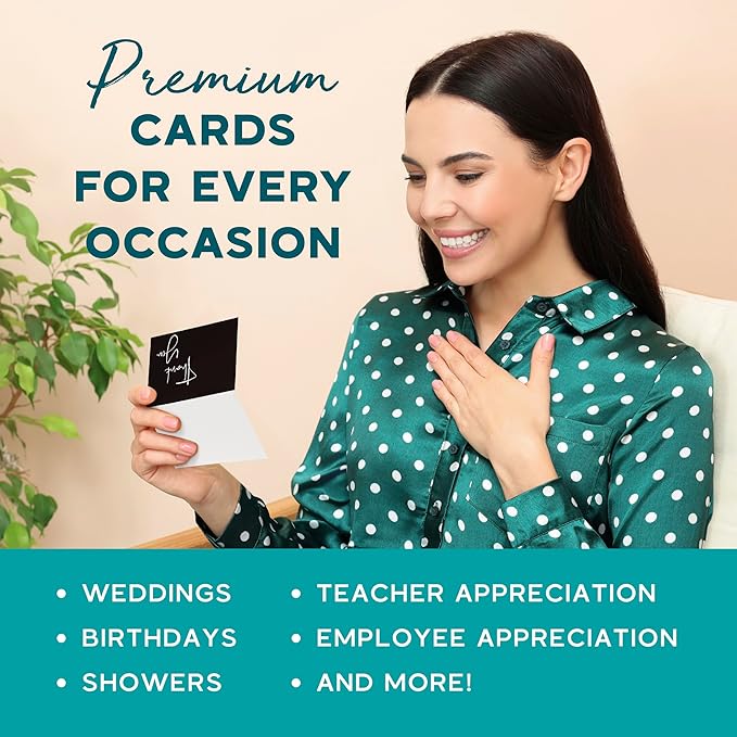 VNS Creations 20 Pack Thank You Cards With Envelopes, Stickers, 4x6 Inch Blank Thank You Notes - Bulk Box Set Large Notes for Graduation, Wedding, Small Business, Baby & Bridal Shower - Black
