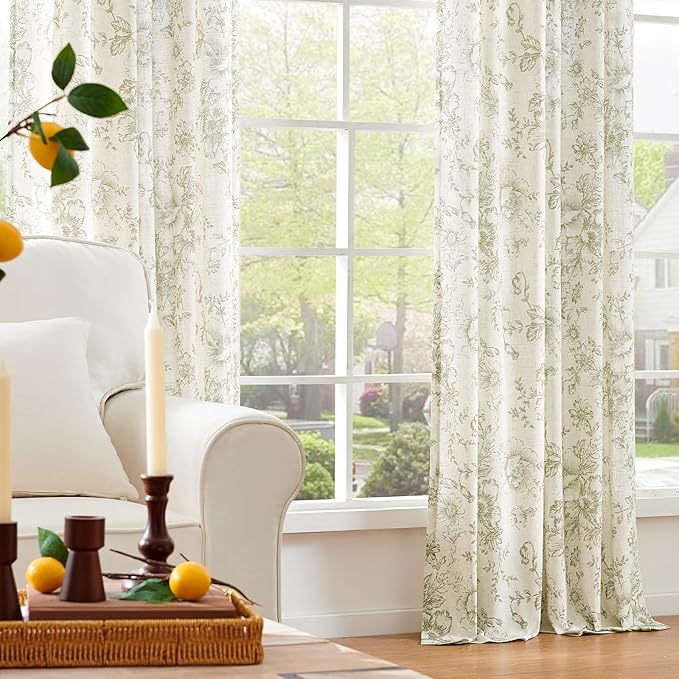 jinachan Linen Blend Floral Curtains for Living Room 63 Inch Length Christmas Sage Green Printed Curtain Rod Pocket Back Tab Farmhouse Peony Flower Patterned Drapes Bedroom Curtains Set 2 Panels