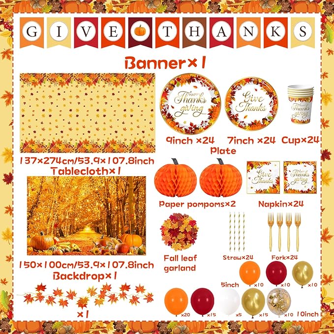 Thanksgiving Decorations,247pcs Fall Themed Give Thanks Decorations Thanks Giving Decorations Party Plates Napkins Cups Tablecloth Balloons for Thanksgiving Party Decorations,Serve 24