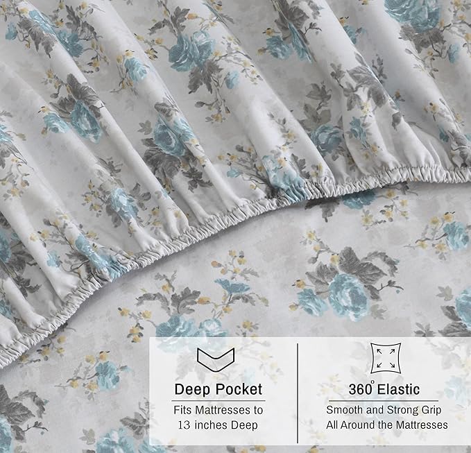 RUVANTI 100% Organic Cotton Sheets California King, Percale Weave, GOTS Certified, 4-Piece Set, Deep Pocket 13", Crisp & Breathable, Soft Durable Bedding, Sábanas Algodón Orgánico – Blue Rose