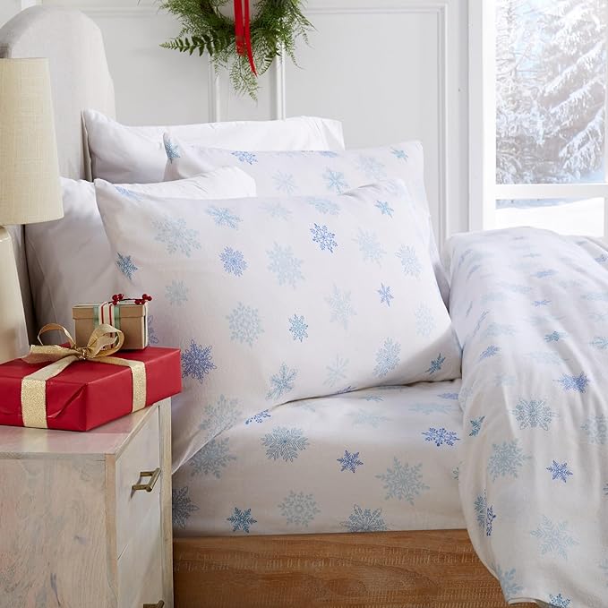 Market & Place 100% Turkish Cotton Flannel Sheet Set | 4 Piece Deep Pocket Novelty Cozy Winter Bed Sheets | Double Brushed for Extra Softness & Comfort | Alpine Collection (Full, Blue Snowflake)