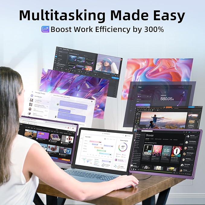 BKVOO 15.6" Laptop Screen Extender Monitor - Detachable Triple Monitor FHD 1080P IPS 120% sRGB 235° Rotation Travel Extra Screen Compatible with Wins Mac Chrome Dex Fits 13-17" Laptop