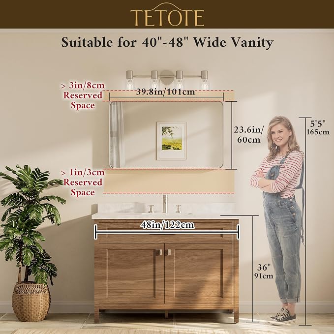 TETOTE Brushed Gold Bathroom Mirror, 40 x 24 Inch Metal Framed Mirror, Brushed Brass Rectangle Wall Mounted Golden Vanity Mirror (Horizontal/Vertical)