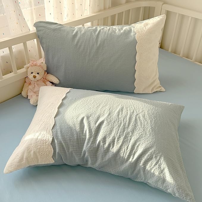 LifeTB Twin XL Comforter Set Blue Gingham Comforter with 2 Pillowcases Princess Lace Style Blue Plaid Grid Comforter Lightweight Soft Gingham Bedding Vintage Plaid Checkered Comforter Set Twin XL