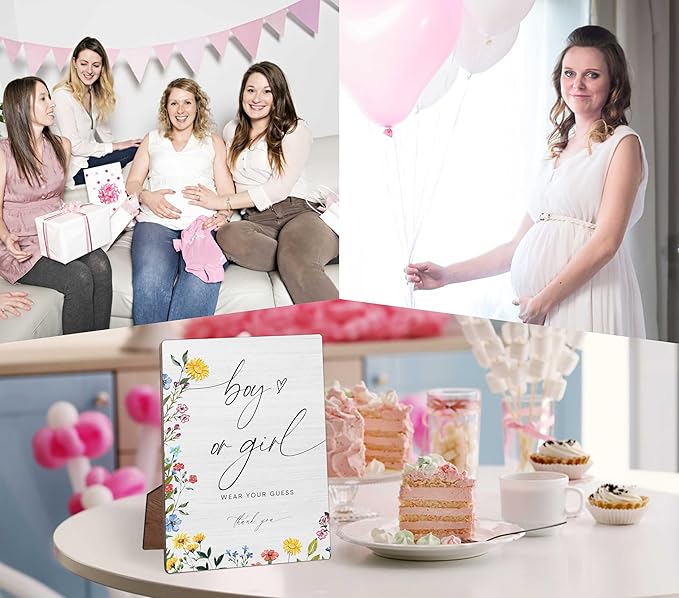 Boy or Girl Wear Your Guess Baby Shower Sign, Floral Wooden Table Sign with Stand and Hook, 5x7 inches, Free-standing/Hanging, Home/Office Decor
