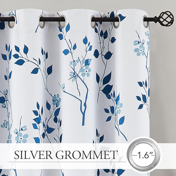 Beauoop Floral 100% Blackout Curtains 72 Inches Long 2 Panels for Bedroom Living Room Navy Blue and White Flower Patterned Room Darkening Thermal Soundproof Grommet Window Treatments Drapes, 52X72