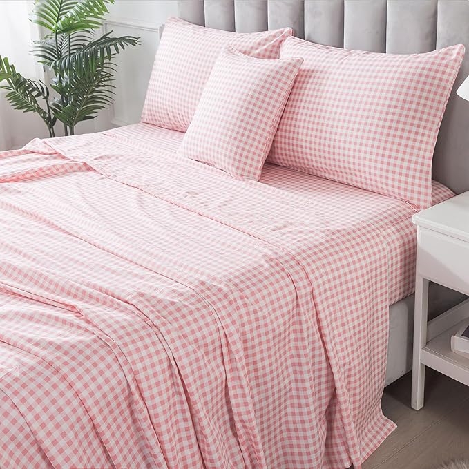 FADFAY Pink Plaid Full Size Sheets 100% Cotton Geometric Checker Bedding Teens Grid White Gingham Pattern College Bedding Deep Pocket Sheets with 2 Pillowcases Ultra Soft 4pcs, Full Size