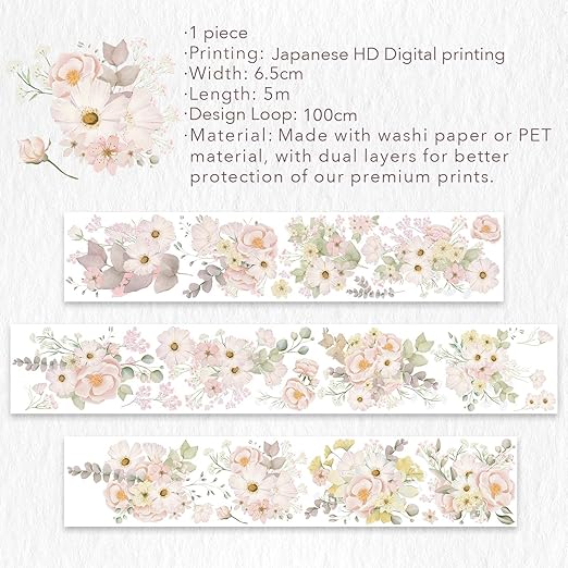 WT Blush Wide PET Tape, Single Roll, Original Designs, Watercolor Pink Floral Decorative Tape, Transparent Adhesive for Journaling, Scrapbooking, Bujo Planner DIY Craft Supplies