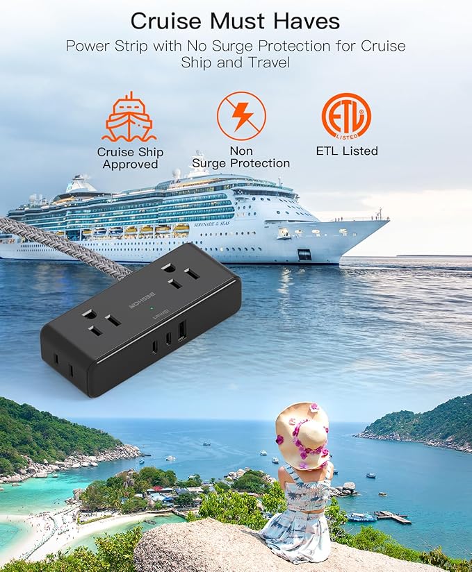 Extension Cord 10 ft, BESHON Flat Plug Power Strip, 4 Widely Outlets with 3 USB Ports (2 USB C), Extension Cord with Multiple Outlets for Home, Office, Dorm Room Essentials, Black