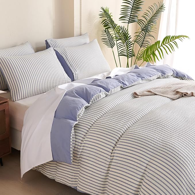 Striped Duvet Cover Queen Blue Washed Microfiber Jacquard 3 Pieces Bedding Set, White Blue Vertical Ticking Stripes Pattern Comforter Cover with Zipper Closure Breathable Durable Soft Comfy