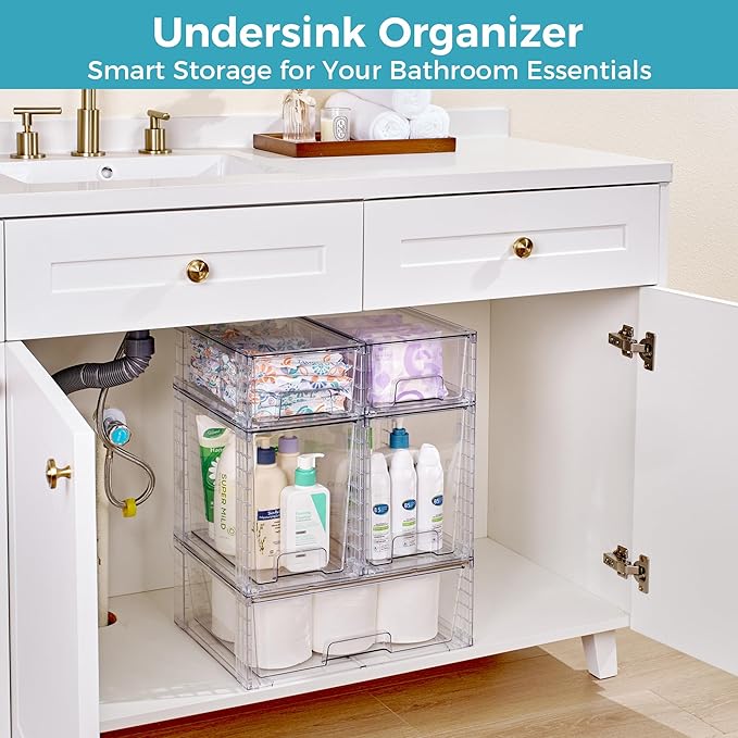 Vtopmart 5 Pack Clear Stackable Storage Drawers,Easy to Assemble Baby Bottle with handles,Plastic Drawers for Kitchen Pantry,Cabinet,Under Sink Organization