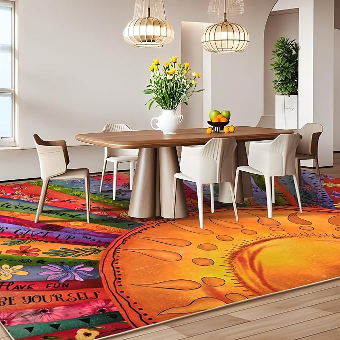 Likiyol Sun Rugs for Living Room 9x12 Area Rug, Non Slip Washable Rugs for Bedroom Soft Faux Wool Inspirational Living Room Rug, Large Floor Carpet for Bedroom, Dining Room, Home Office