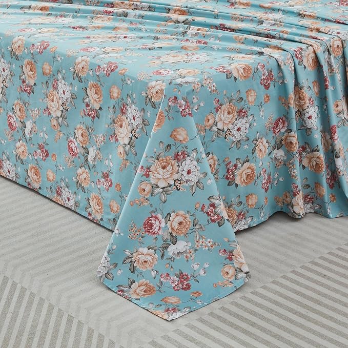 FADFAY Blue Vintage Floral Full Size Sheets Set Premium 100% Cotton Shabby Rose Pattern Cottagecore Bedding Set Deep Pocket Sheets with 2 Pillowcases Luxury Breathable Soft 4Pcs, Full Size