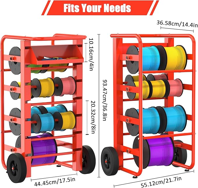 Tredre Red Wire Spool Rack with Wheels, Heavy Duty Cable Holder with 11 Rods – Mobile Multi-Spool Wire Rack Dispenser with Wheels and Storage Box for Efficient Workplace Cable Management