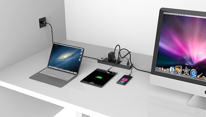 Power Strip Surge Protector by Artix NRGPower C500, Aluminum with Scratch-Proof Rubber Protective Outlets, 4 Outlets and 4 USB Ports, iSmart Technology Charging Station (Black & Silver)