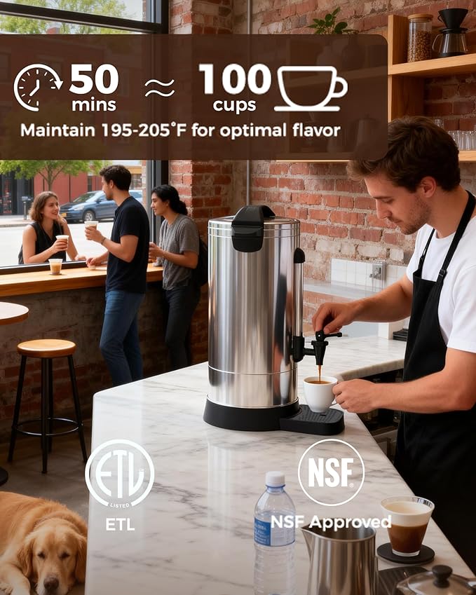 OSTBA 950W Commercial Coffee Urn 50 Cup / 8.3L 304 Stainless Steel Percolator Coffee Pot, Double-Wall Hot Water Dispenser Electric Coffee Maker Fast Brewing for Home, Office, Catering & Small Events