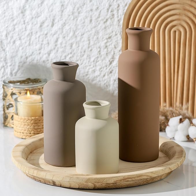 Ceramic Vase Set of 3, Flowers Neutral Modern Vases Home Decor Rustic Farmhouse Decor Pampas Vase for Table Mantel Entryway Shelf Living Room Kitchen Bathroom - Brown